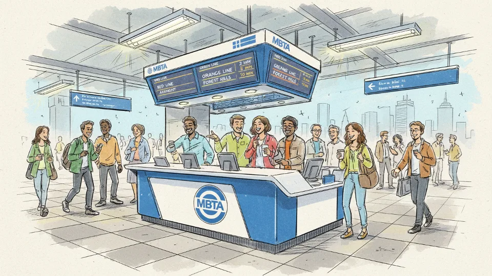 Transit information desk at Boston station with digital displays showing route information