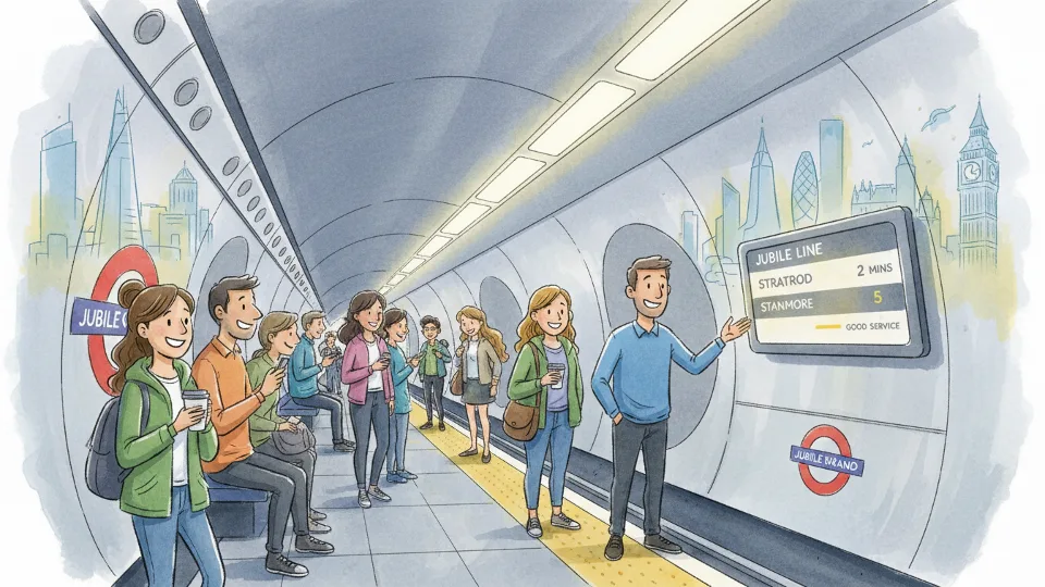 Passengers waiting at Jubilee Line station platform with digital journey planner display