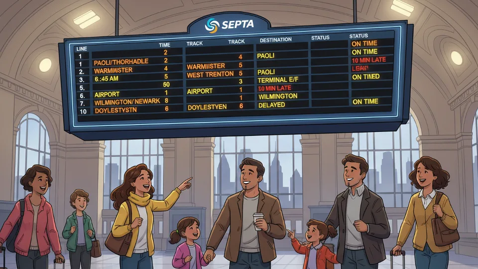 SEPTA regional rail departure board showing train delays and schedule information