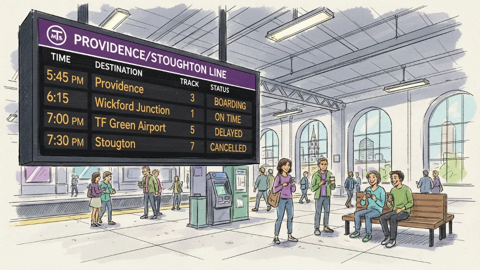 MBTA Providence Line schedule board showing departure times at commuter rail station