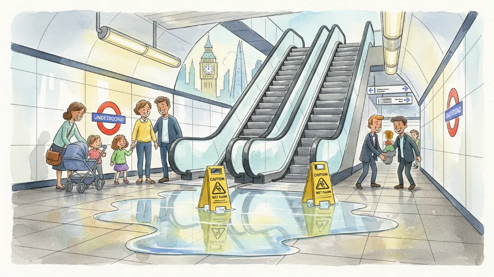Water leak on floor near escalators at London Underground station with caution signage