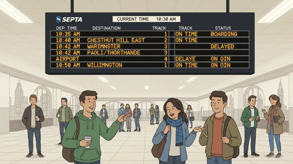 Philadelphia Suburban Station departure board displaying track numbers and train information