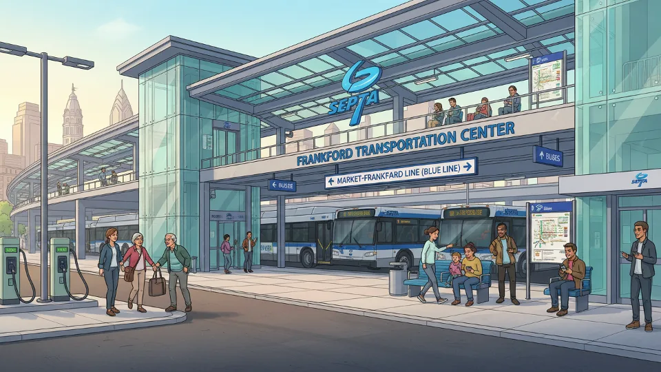 Frankford Transit Center station entrance with SEPTA signage and passenger waiting area