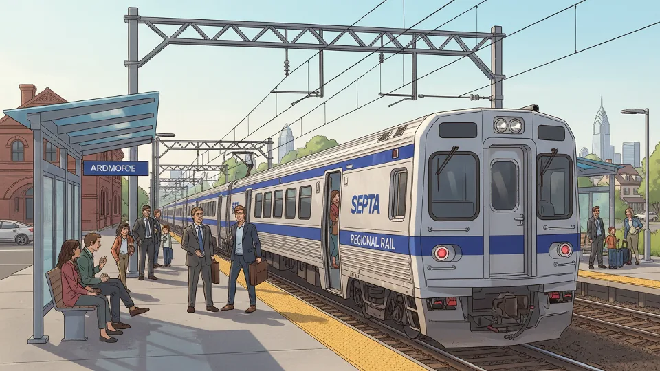 Regional rail train at Philadelphia suburban station platform with passengers waiting. Alt text: SEPTA regional rail train delayed at station platform in Philadelphia. Composition: Side angle showing full train length with station infrastructure and waiting passengers visible.