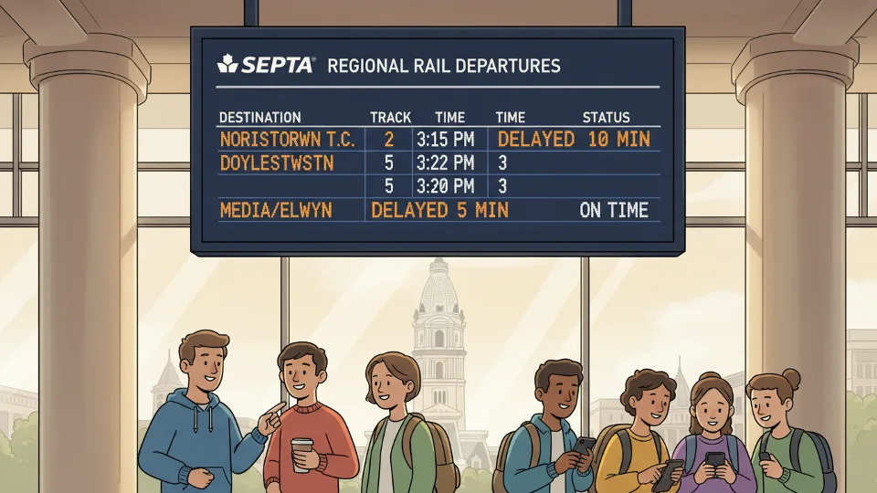 Close-up of train departure board showing delay information at Philadelphia regional rail station. Alt text: SEPTA station departure board displaying train delay times in Philadelphia. Composition: Front view of digital display board with delay notifications and train schedule information clearly visible.