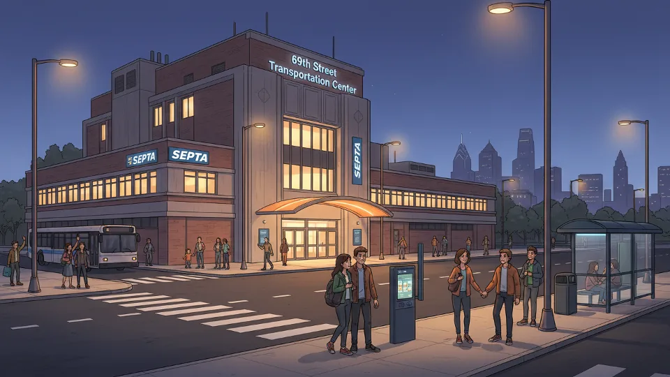 69th Street Transit Center exterior showing main entrance and transit hub signage at dusk