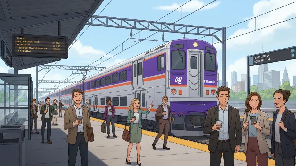 NJ Transit train at station platform with passengers checking schedules