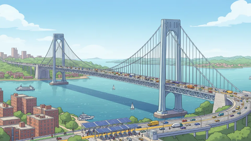 Verrazzano-Narrows Bridge spanning water with vehicles crossing during daytime