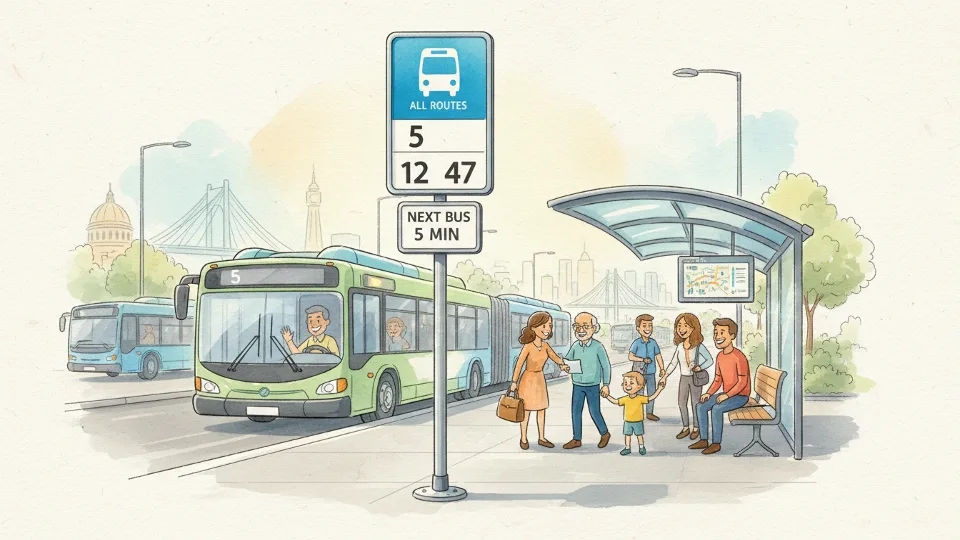 Bus stop sign at transit station with route numbers displayed