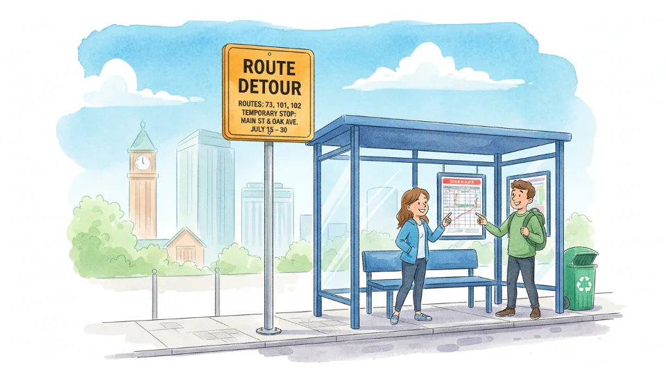 Transit route detour sign posted at bus stop with schedule information visible
