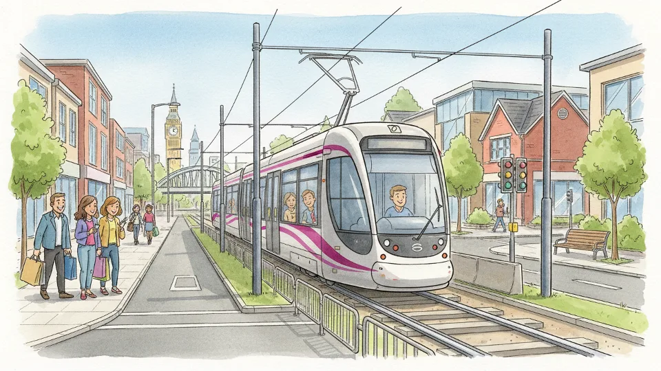 Tram traveling along tracks between Wolverhampton and Edgbaston Village during daytime operations