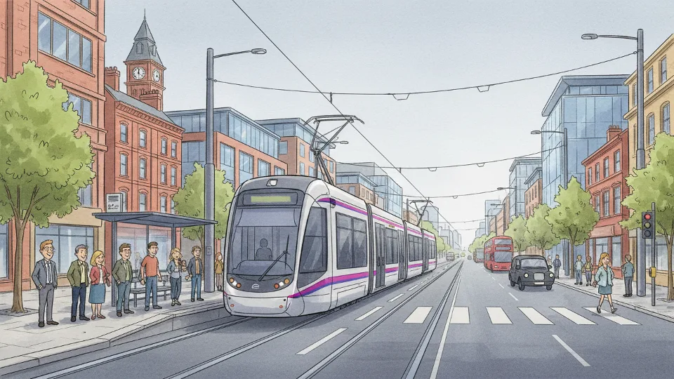 Tram traveling through urban corridor between Wolverhampton and Edgbaston Village