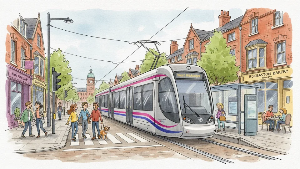 Tram traveling through Edgbaston Village with urban streetscape