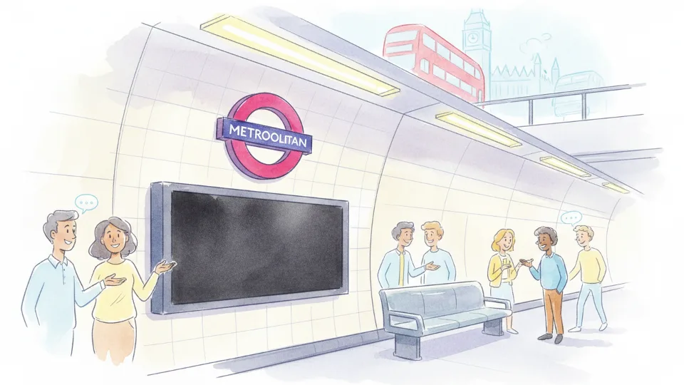 Close-up of blank arrival information screen at London Underground platform with Metropolitan line roundel visible