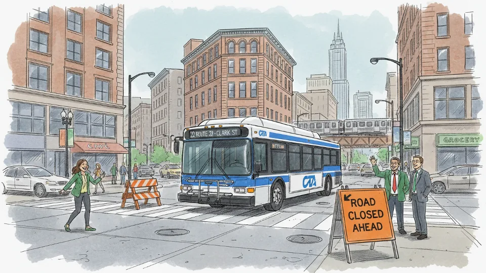 Chicago Transit Authority bus at urban intersection during service detour