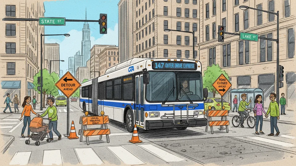 CTA bus at intersection with detour signage visible in Chicago street scene