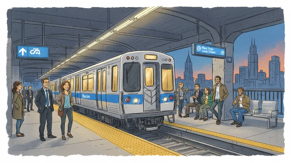 CTA Blue Line train at downtown Chicago station platform with passengers waiting to board during evening hours