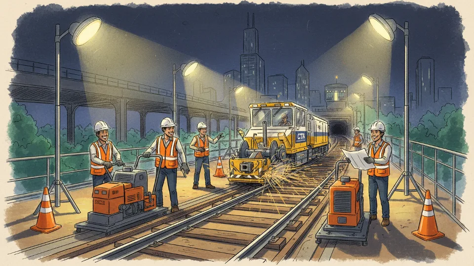 CTA track maintenance equipment and workers performing overnight rail repairs on Chicago Blue Line