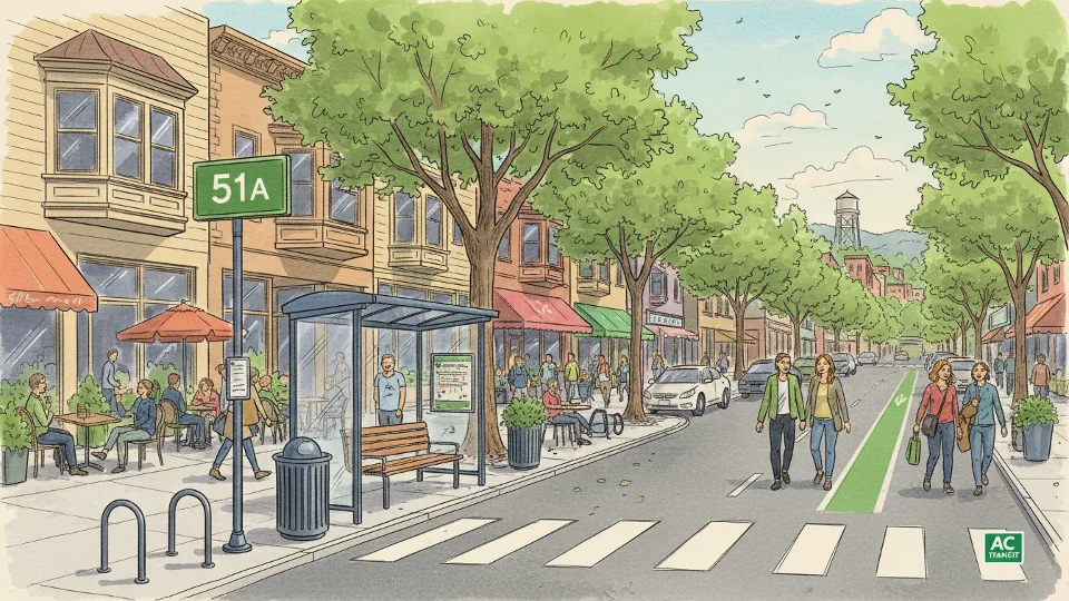 College Avenue restaurant district in Rockridge with AC Transit bus stop in foreground showing route 51A signage