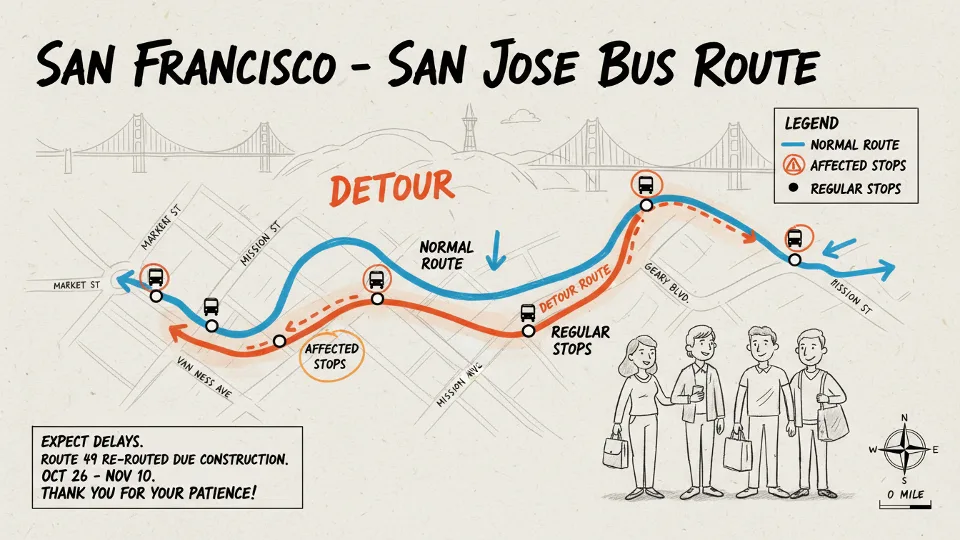 Transit bus route map showing detour with highlighted affected stops area