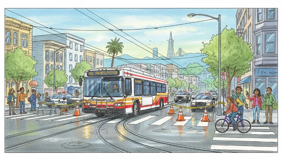 City transit bus detouring around blocked street with police vehicles visible in background