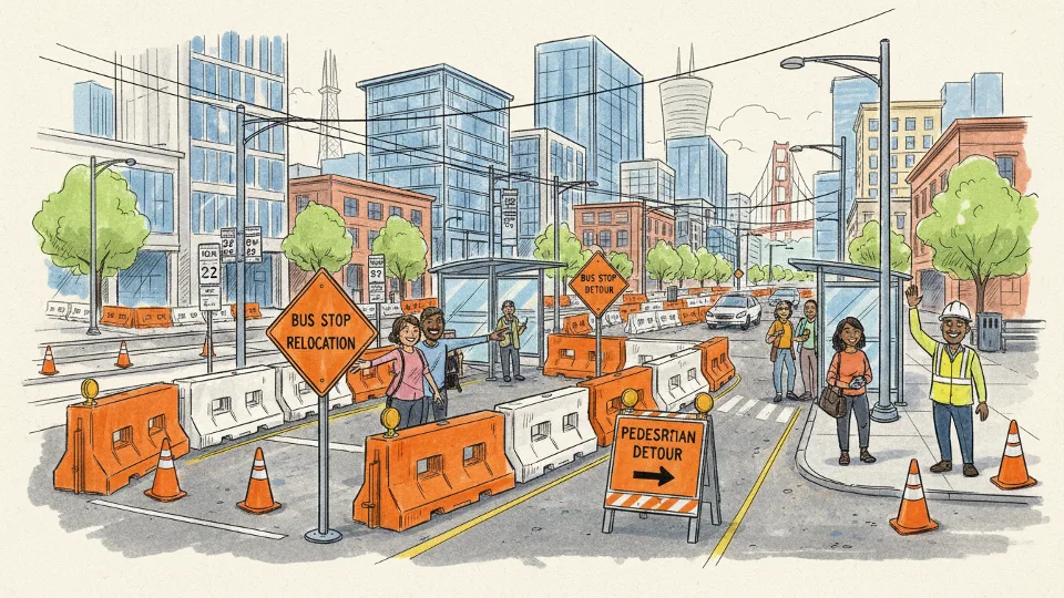 Construction barriers and detour signs at urban transit center with bus stop poles visible