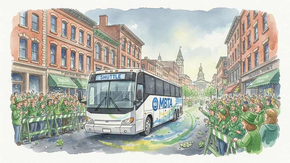 MBTA shuttle bus in downtown Boston with St. Patrick's Day parade crowds visible on sidewalk