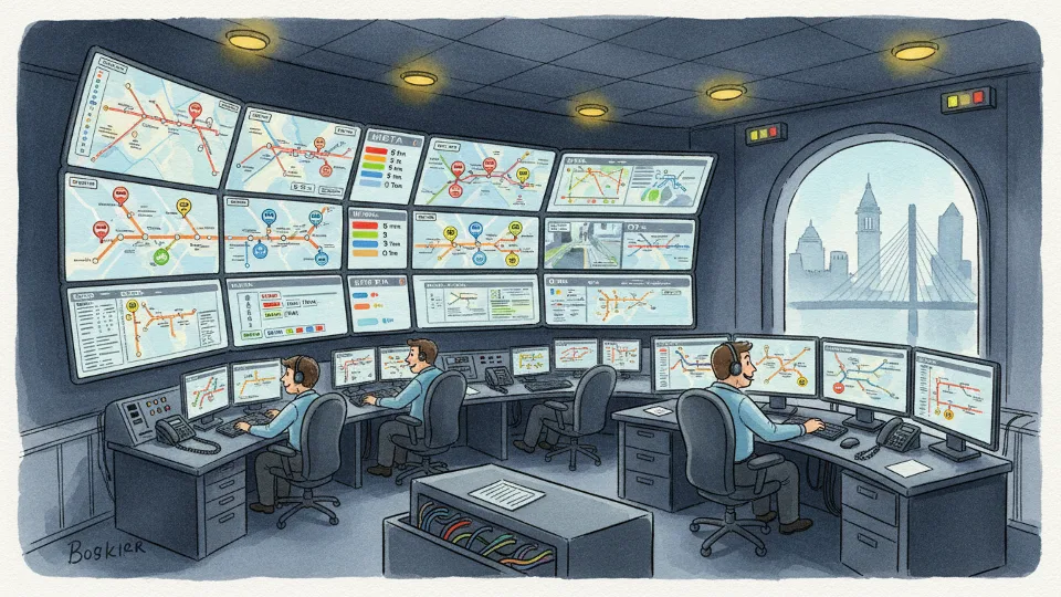 Train operations control center with monitoring screens