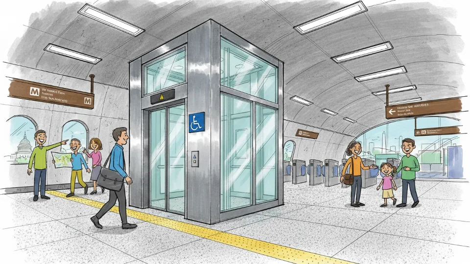 Metro Rail station elevator with accessibility signage and rider approaching
