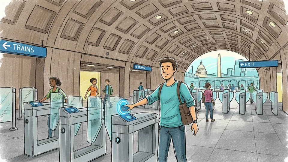 Metro rider tapping SmarTrip card at fare gate inside Washington DC Metro station