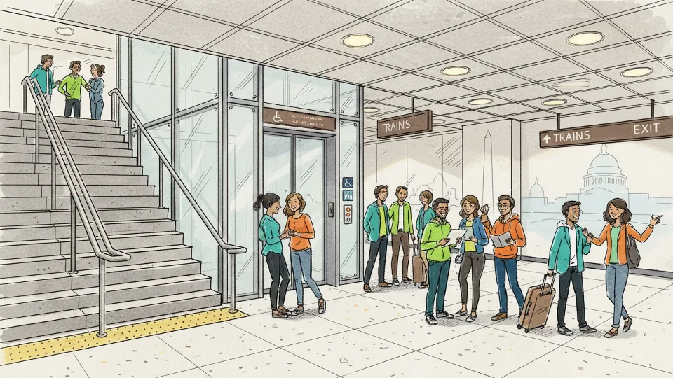 Transit station interior showing stairs and elevator as alternative access points