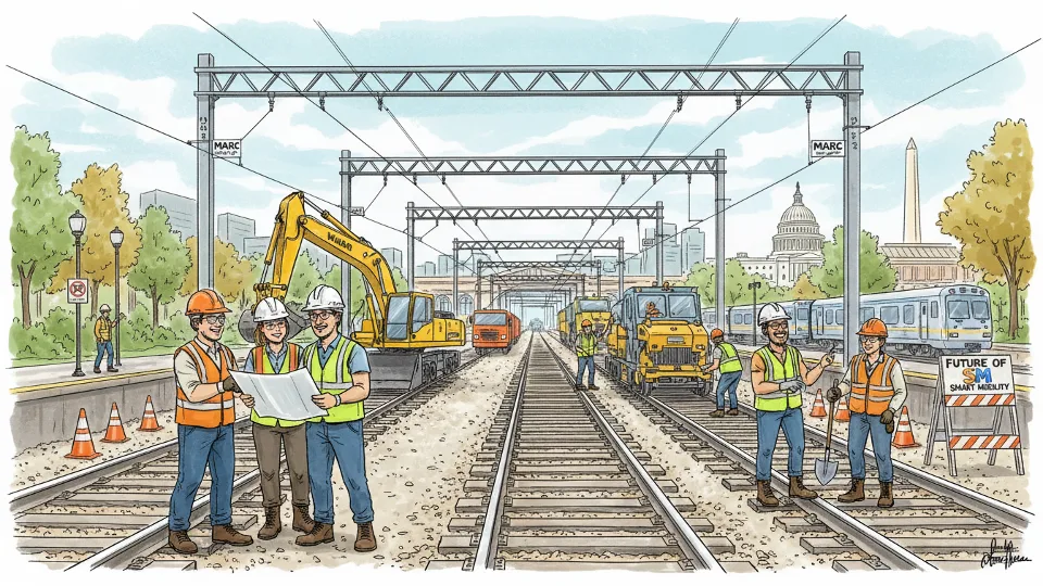 Railroad track maintenance work with construction equipment and workers repairing commuter rail infrastructure