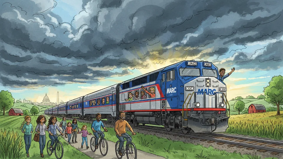 MARC Brunswick Line train traveling through Maryland countryside with dark storm clouds overhead