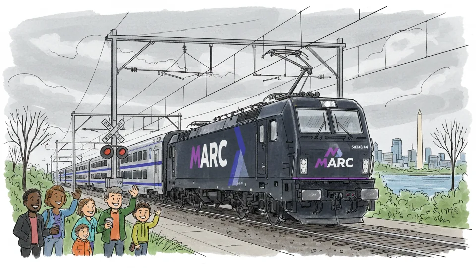 MARC Penn Line train traveling through Maryland during overcast weather conditions with safety equipment visible