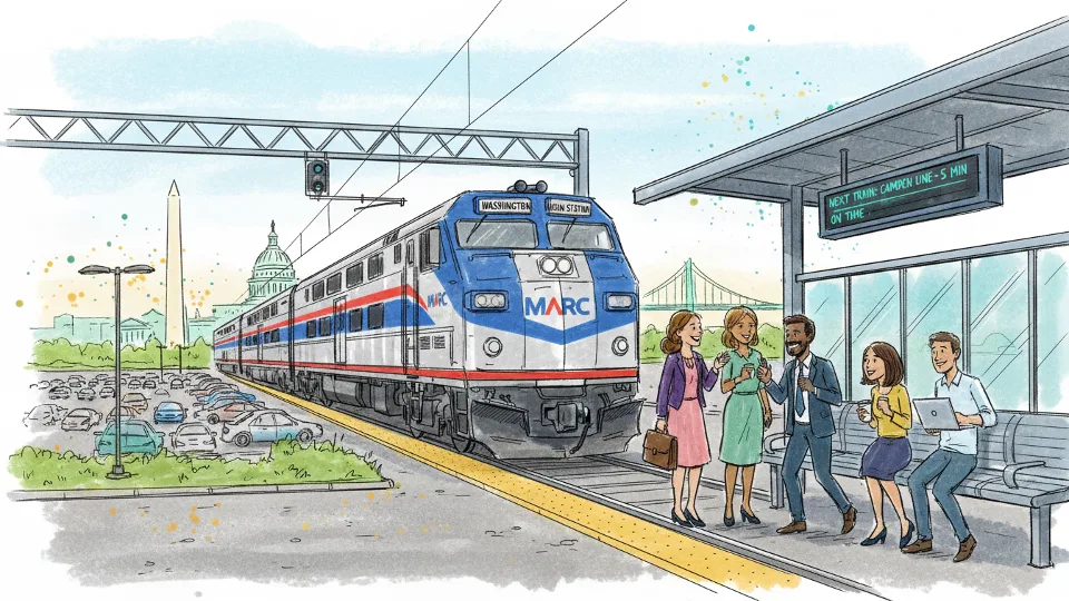 MARC Camden Line train stopped at station platform with passengers waiting to board