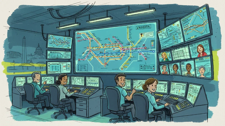Metro control room with signal monitoring equipment and displays