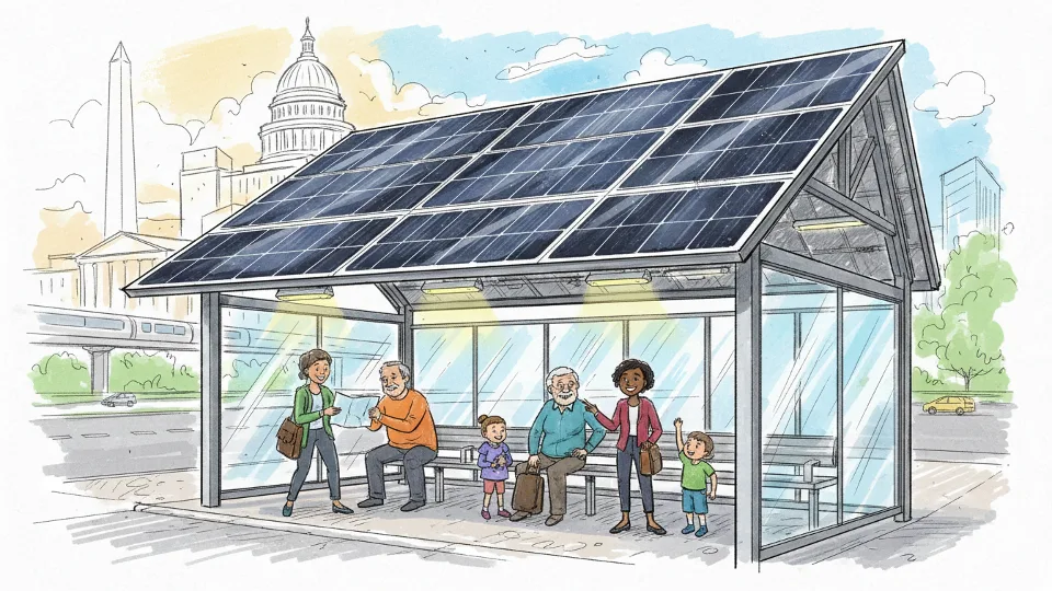 Close-up view of solar panels mounted on transit carport structure with LED light fixtures, bus shelter visible below, showing integration of renewable energy and rider amenities