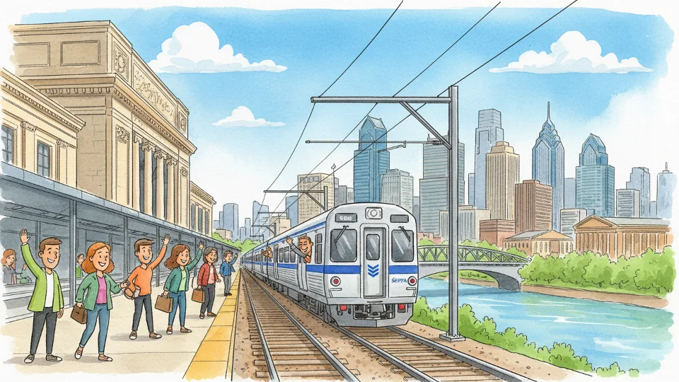 Regional rail train departing 30th Street Station with city skyline in background