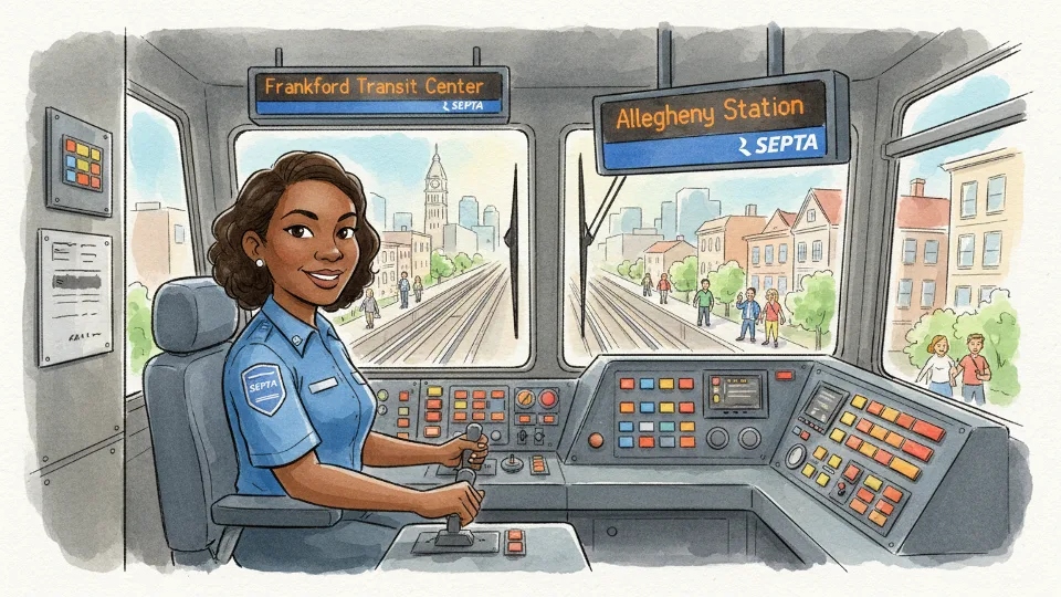 SEPTA train operator in cab with route signage visible showing Frankford Transit Center and Allegheny Station