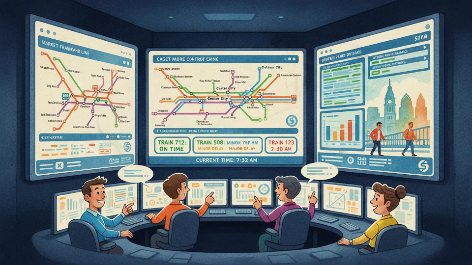 Transit control center display showing train positions and schedule status