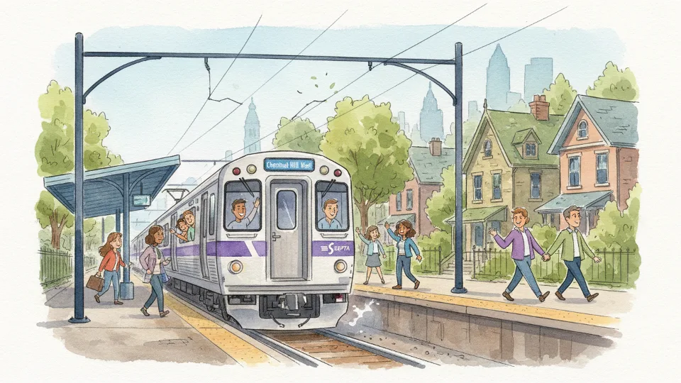 Regional rail train departing station on Chestnut Hill West Line route