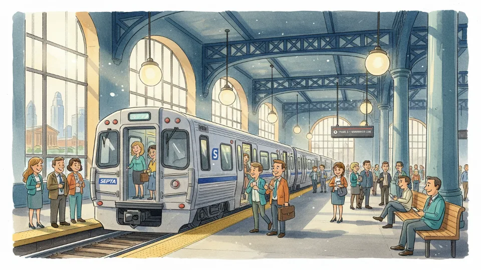 Regional rail train at 30th Street Station platform with passengers waiting