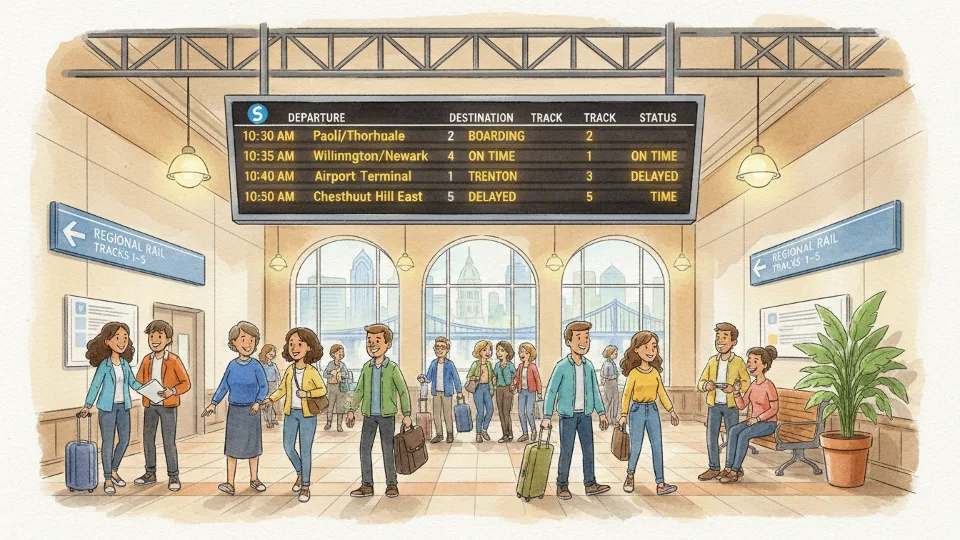 Train departure board showing real-time schedule information at transit station