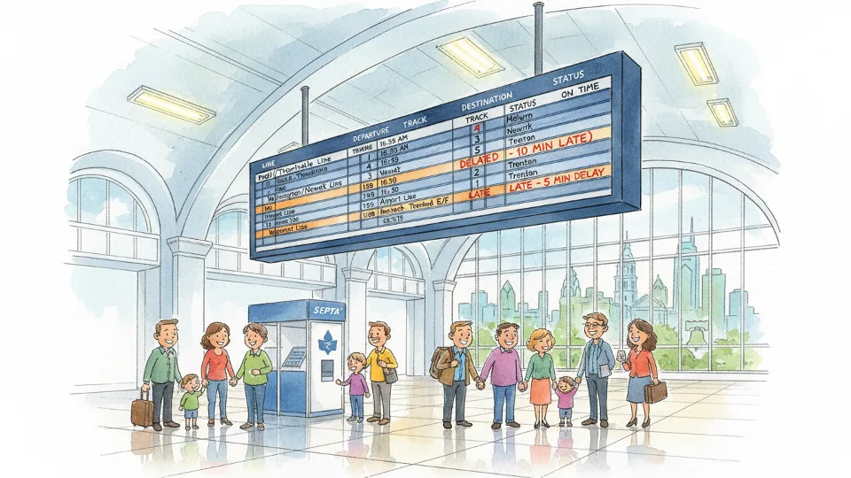 Train departure board showing delay information at transit station