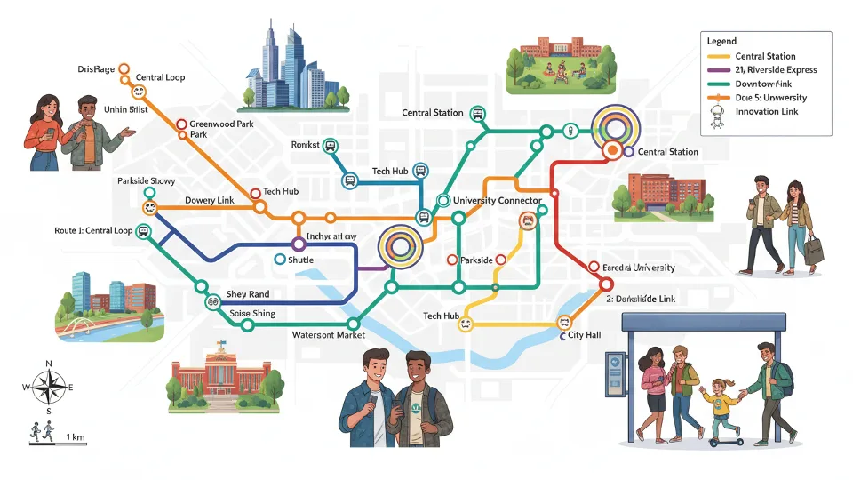 Bus route map showing urban transit network with multiple stops