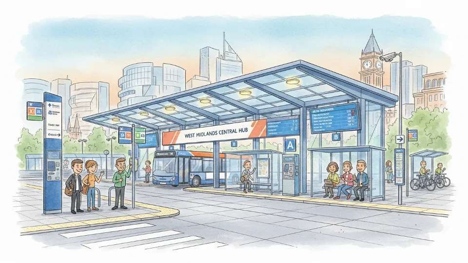 Transit facility entrance with passenger boarding area and route information signage at urban transit center