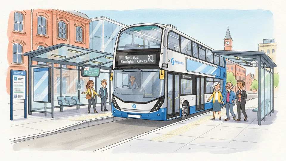 Modern transit bus stopped at newly constructed station platform with covered waiting area and digital information displays