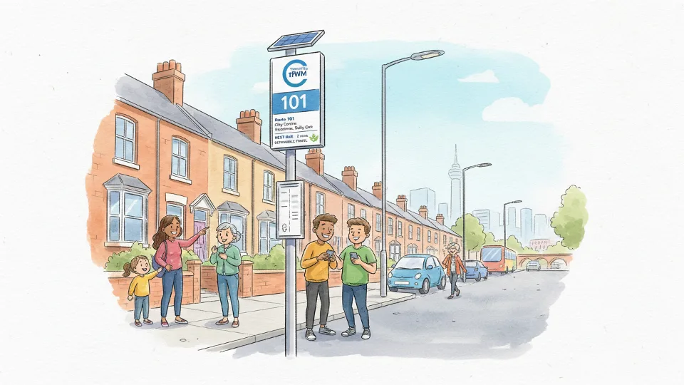 Birmingham bus stop sign showing Route 101 service information with residential street and lighting infrastructure in background