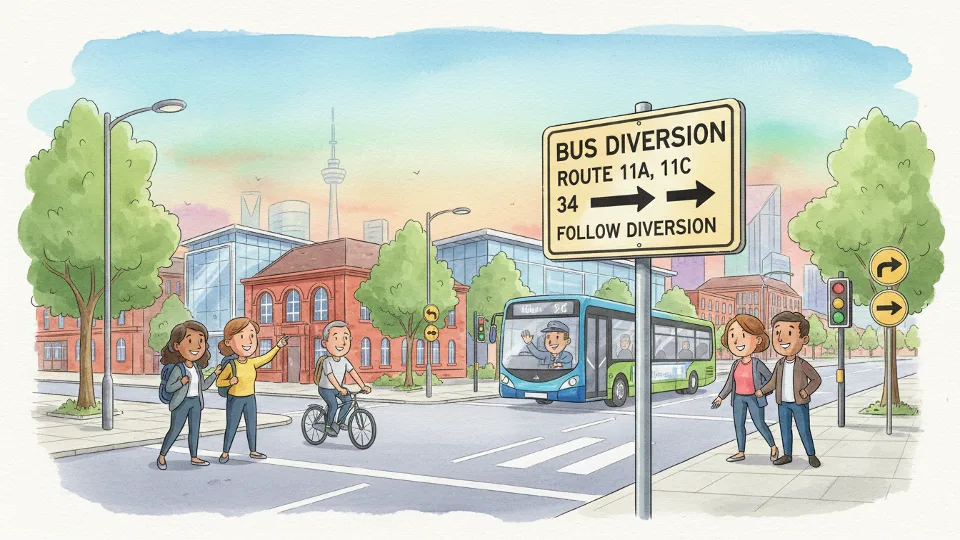 Bus route diversion sign showing alternative path with directional arrows at street intersection