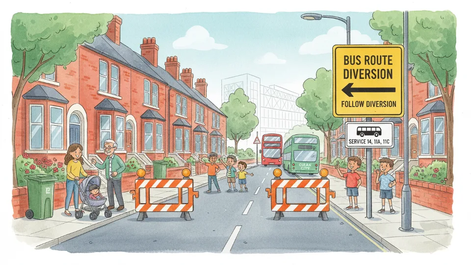 Bus route detour sign and road closure barriers on residential street in West Midlands